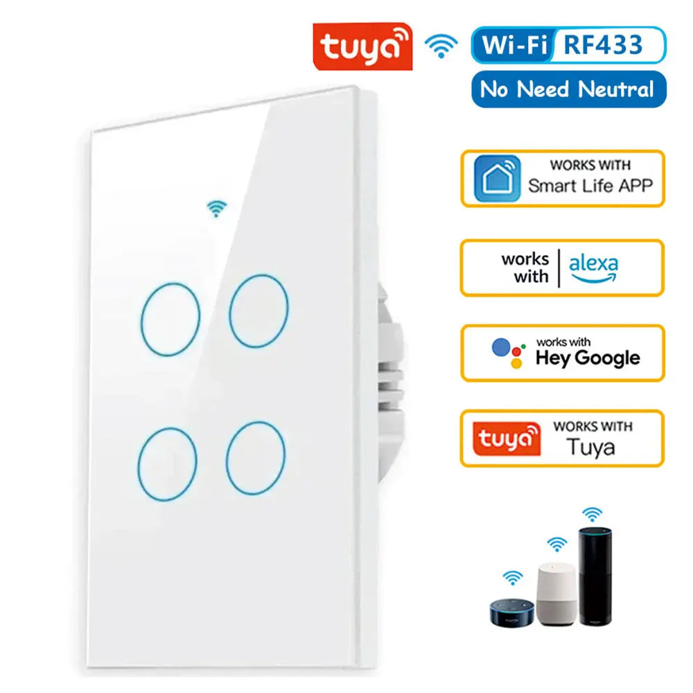 Shopdroplo™ Tuya Smart WiFi Wall Switch – No Neutral Wire, Voice-Controlled, RF433 Touch Sensor for Smart Homes