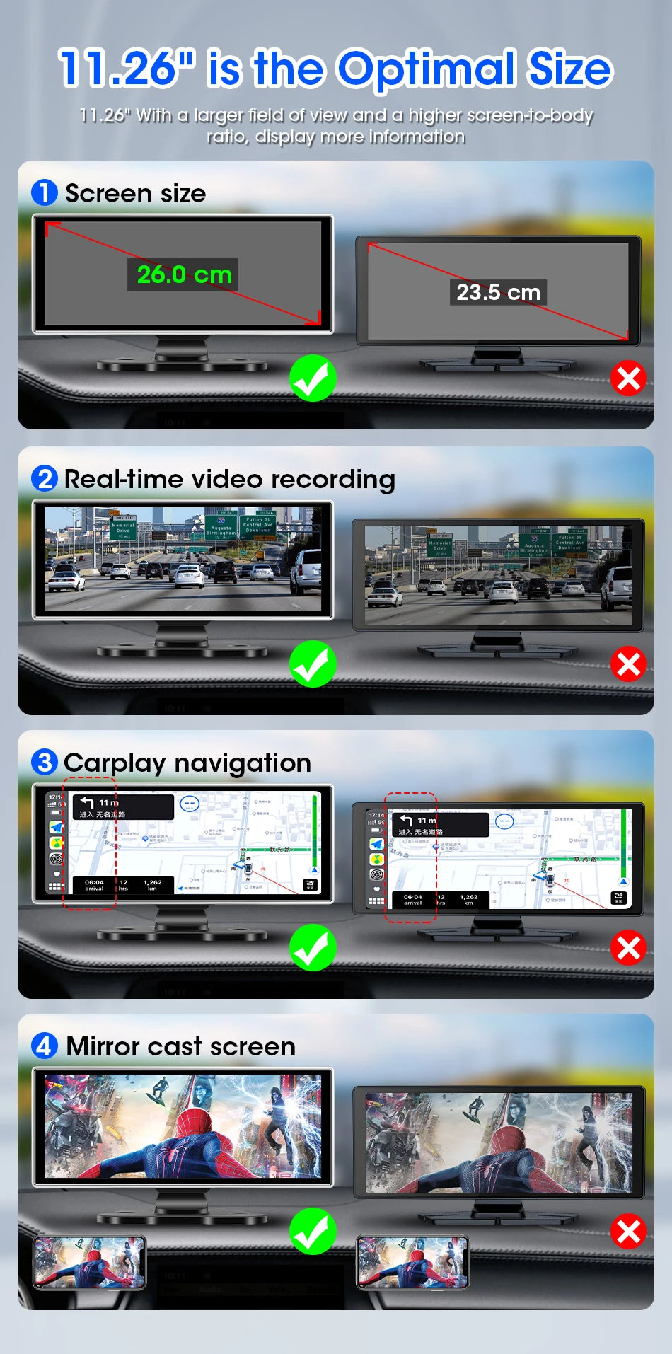 Shopdroplo™ 11.26" 4K Smart Dash Cam with CarPlay, Android Auto, Dual Lens, GPS & Touchscreen Mirror Display