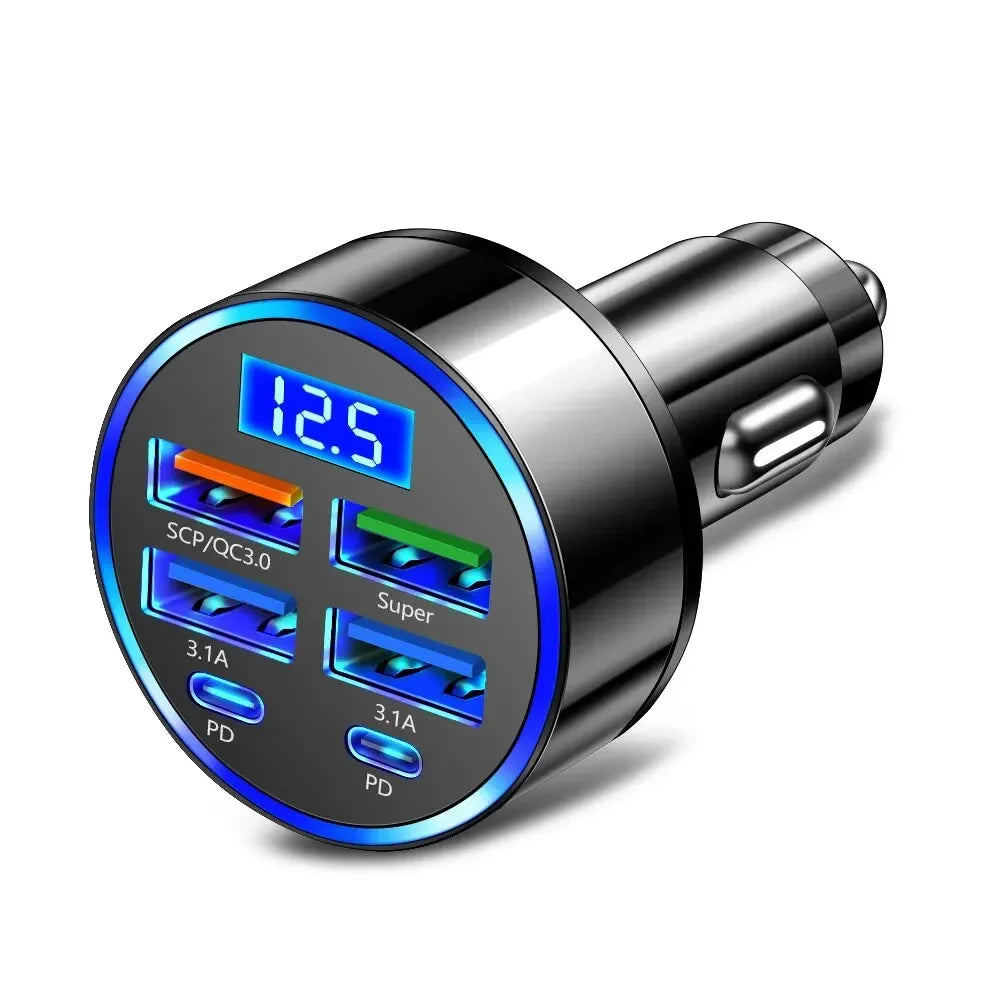 Shopdroplo 66W–250W Digital Display PD Car Charger – 6-in-1 Fast Charging Cigarette Lighter Adapter