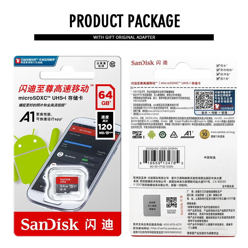 Shopdroplo Original SanDisk Micro SD Card – 32GB/64GB/128GB/256GB TF Memory Card UHS-1 Class 10 for Phone, Camera & PC
