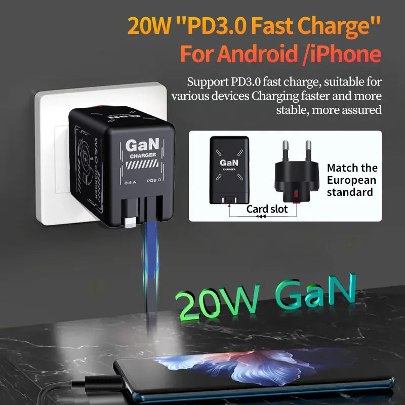 Shopdroplo™ W&O GaN 20W Fast Charger with Liquid Silicone Cable – Type C & Lightning for iPhone/Xiaomi