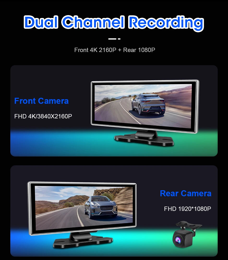 Shopdroplo™ 11.26" 4K Smart Dash Cam with CarPlay, Android Auto, Dual Lens, GPS & Touchscreen Mirror Display