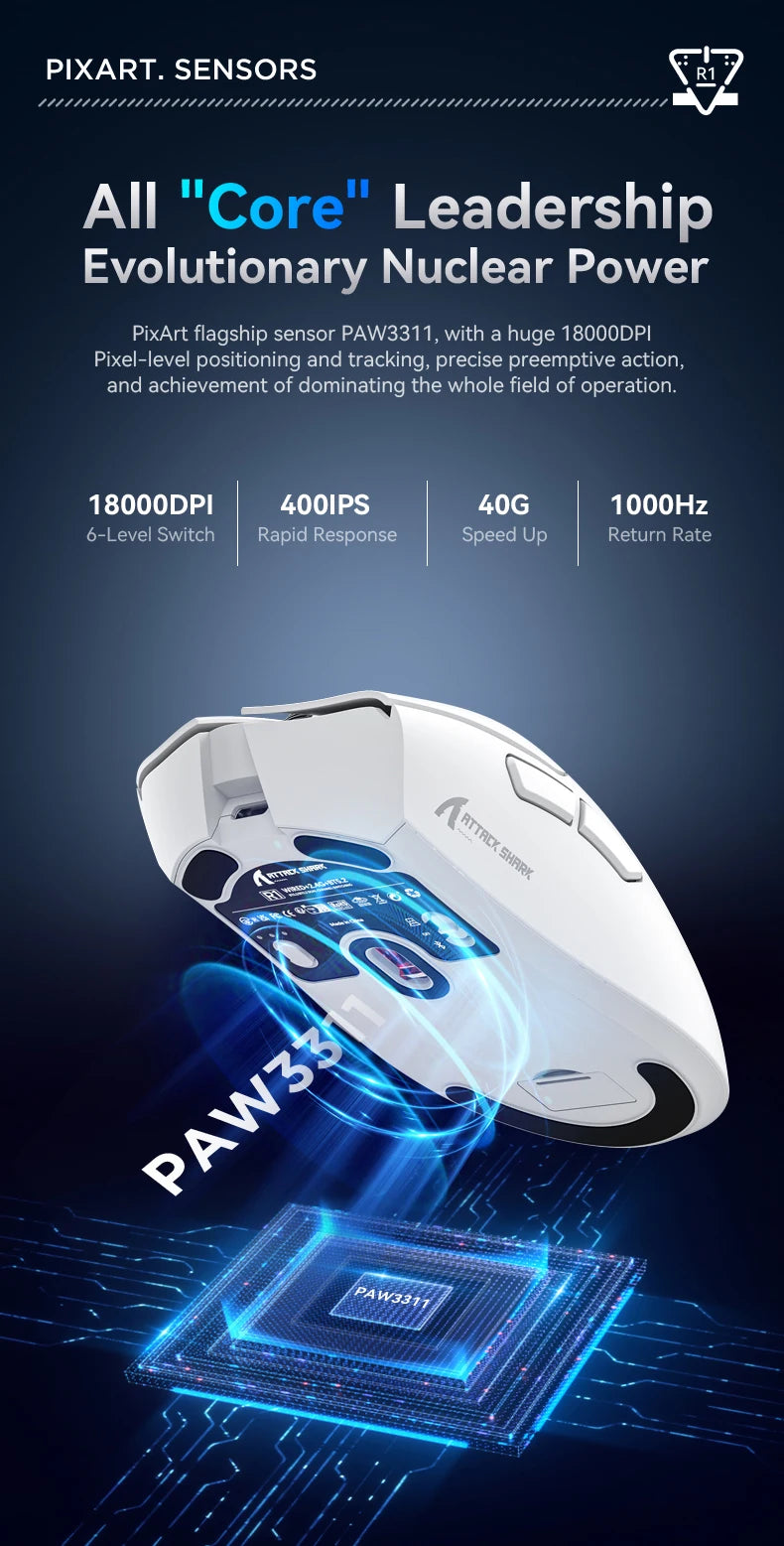 Shopdroplo Attack Shark R1 Bluetooth Gaming Mouse – 18000 DPI, Tri-Mode, Macro Support, 1000Hz Polling Rate