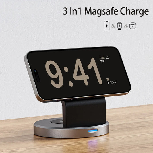 Shopdroplo 3 In 1 Magnetic Wireless Charger Stand For iPhone, iWatch & AirPods – MagSafe Fast Charging Station