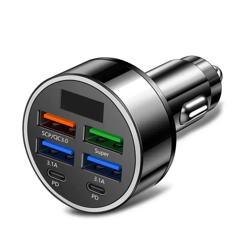 Shopdroplo 66W–250W Digital Display PD Car Charger – 6-in-1 Fast Charging Cigarette Lighter Adapter