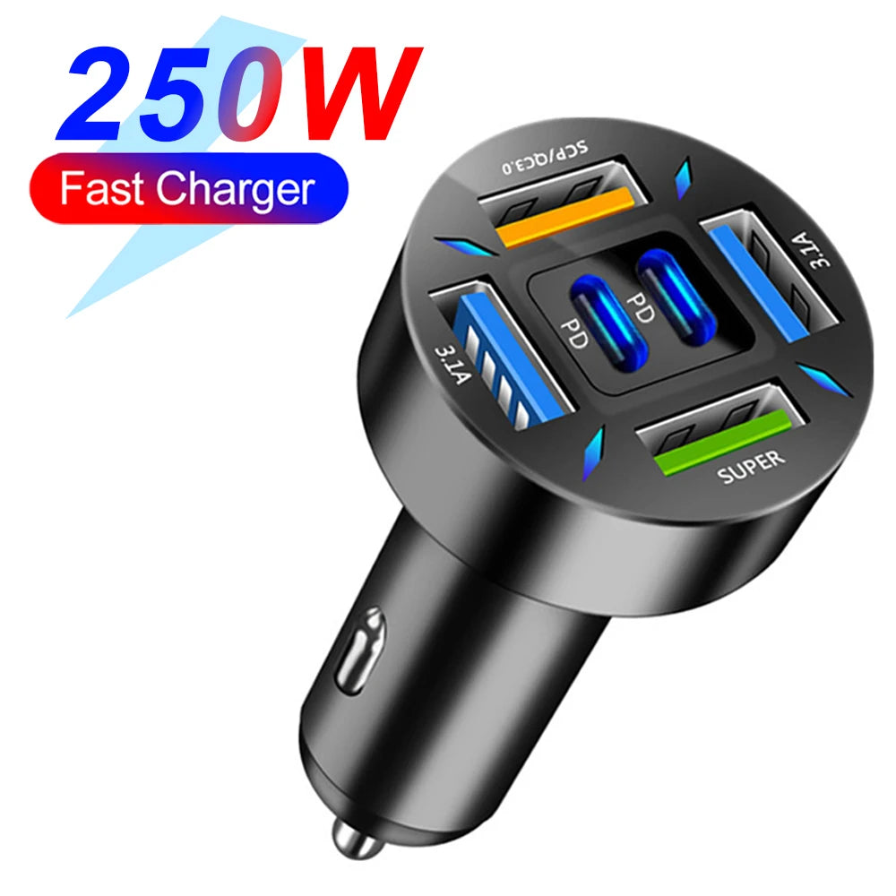 Shopdroplo 66W–250W Digital Display PD Car Charger – 6-in-1 Fast Charging Cigarette Lighter Adapter