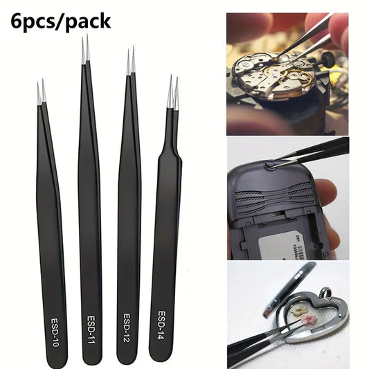 Shopdroplo 6-Piece ESD Anti-Static Tweezers Set – Precision Stainless Steel Tools for Electronics Repair & Crafting