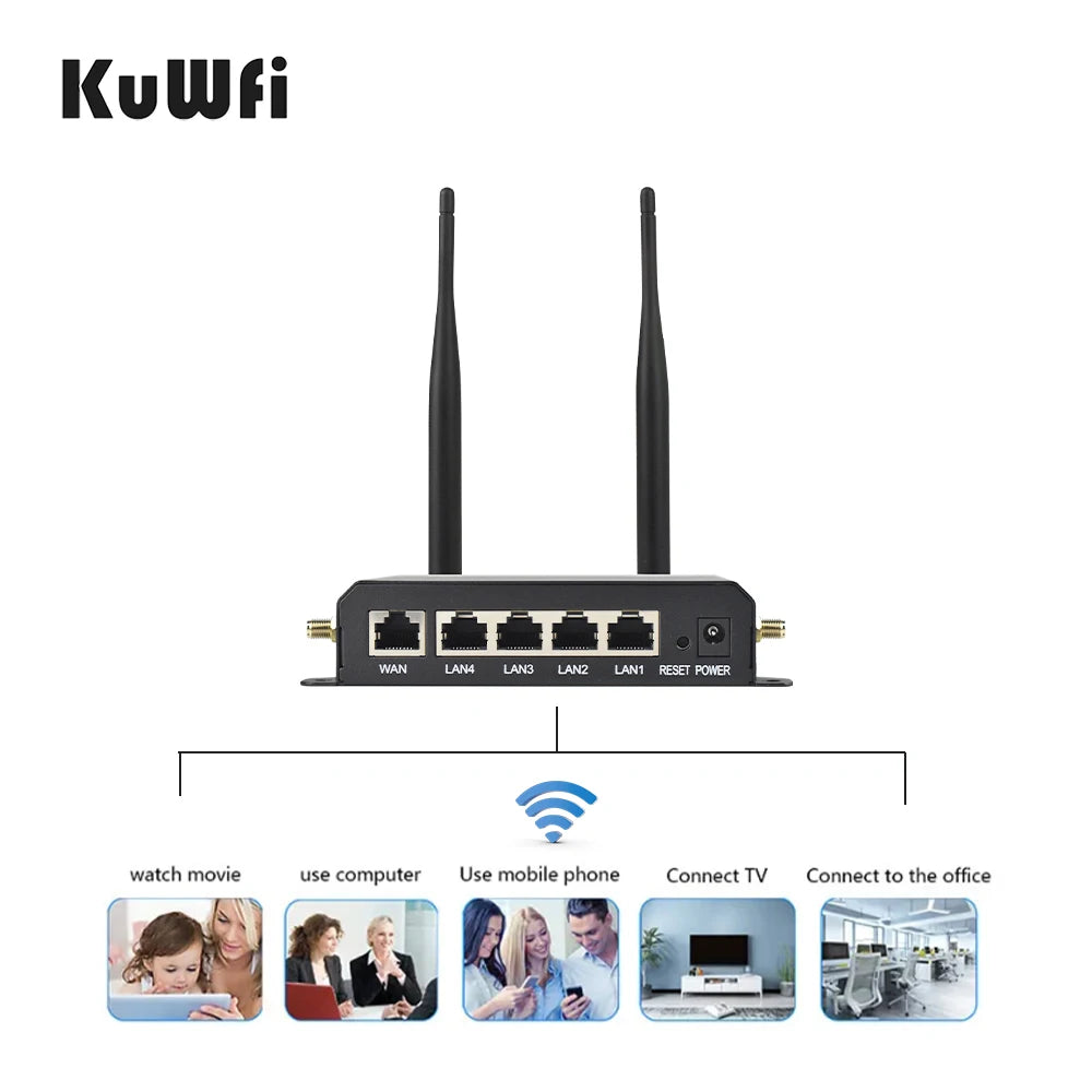 Shopdroplo KuWFi 4G LTE WiFi Router – 300Mbps CAT4 Wireless Router with SIM Slot, Detachable Antennas, LAN/WAN RJ45 Ports, AP/Repeater Mode