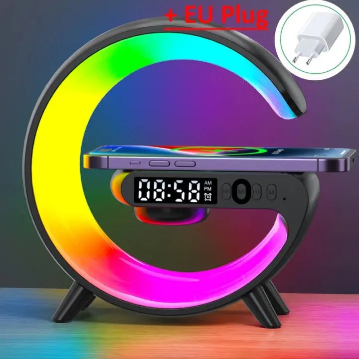 Shopdroplo Multifunction Wireless Charger Stand – RGB Light, Alarm Clock & Bluetooth Speaker for iPhone, Samsung, Xiaomi (Mini Fast Charging Dock)