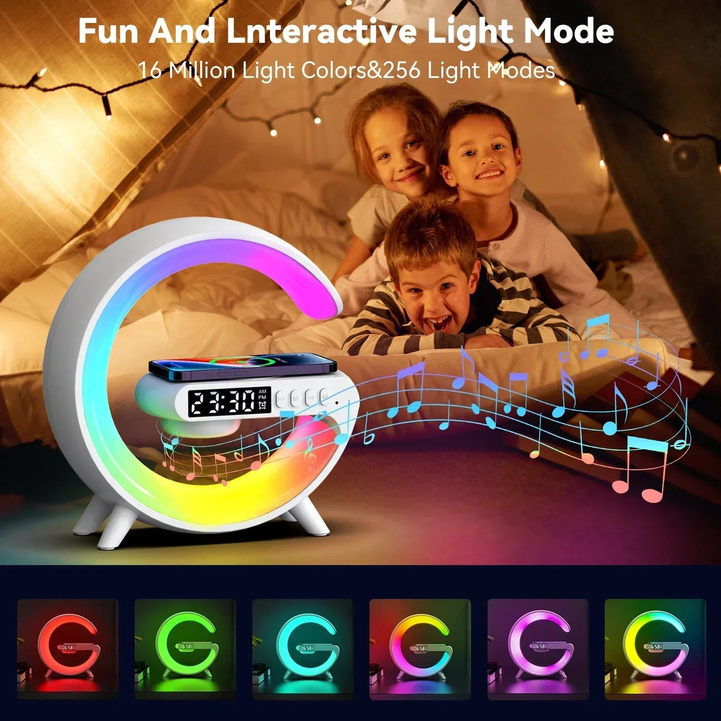 Shopdroplo Multifunction Wireless Charger Stand – RGB Light, Alarm Clock & Bluetooth Speaker for iPhone, Samsung, Xiaomi (Mini Fast Charging Dock)