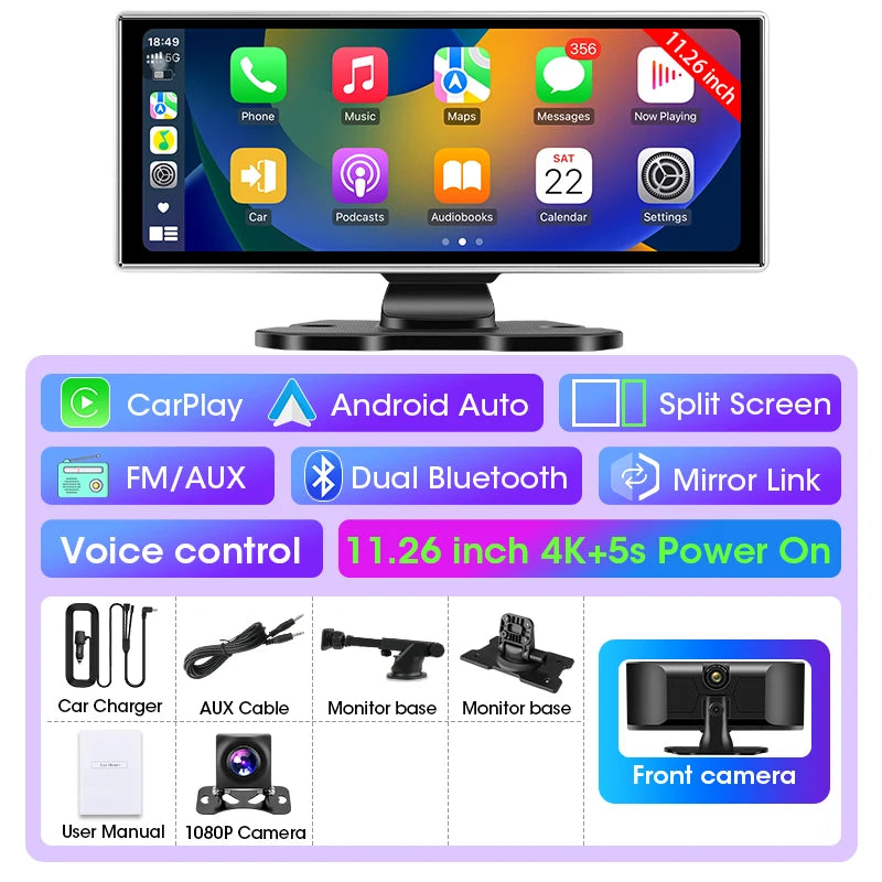 Shopdroplo™ 11.26" 4K Smart Dash Cam with CarPlay, Android Auto, Dual Lens, GPS & Touchscreen Mirror Display