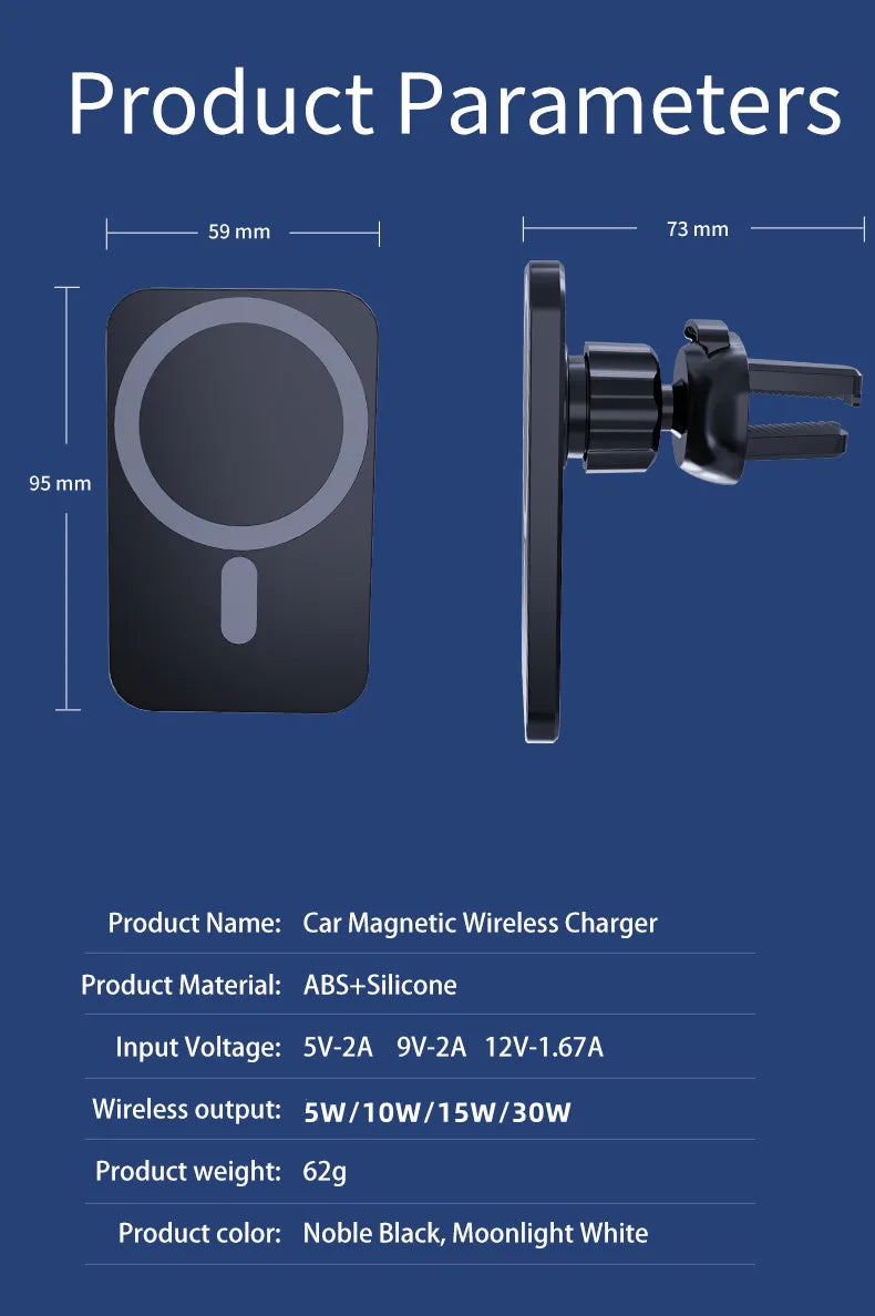Shopdroplo 30W Magnetic Car Wireless Charger – Fast Charging Holder Stand for iPhone 12-15 Series, MacSafe Compatible