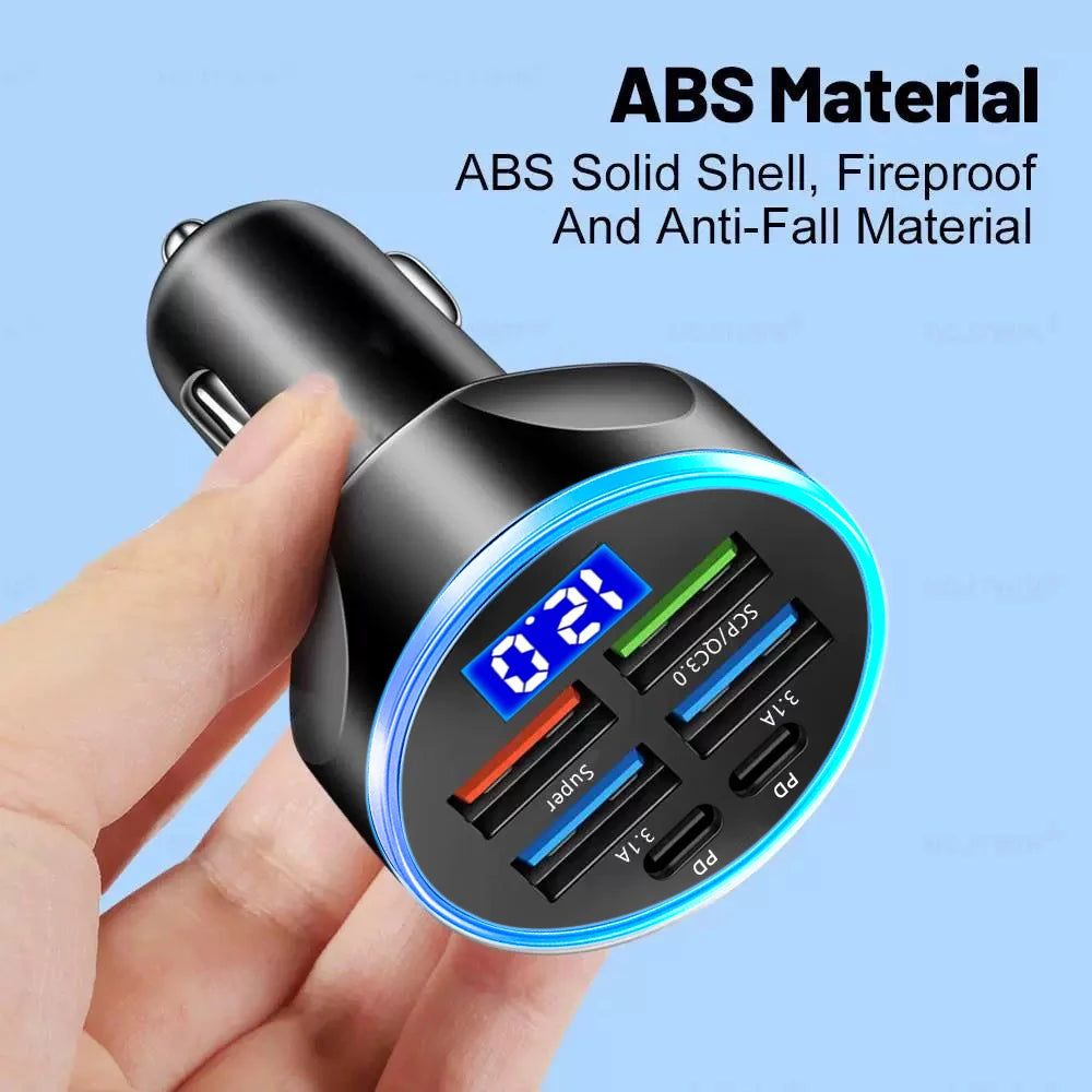 Shopdroplo 66W–250W Digital Display PD Car Charger – 6-in-1 Fast Charging Cigarette Lighter Adapter
