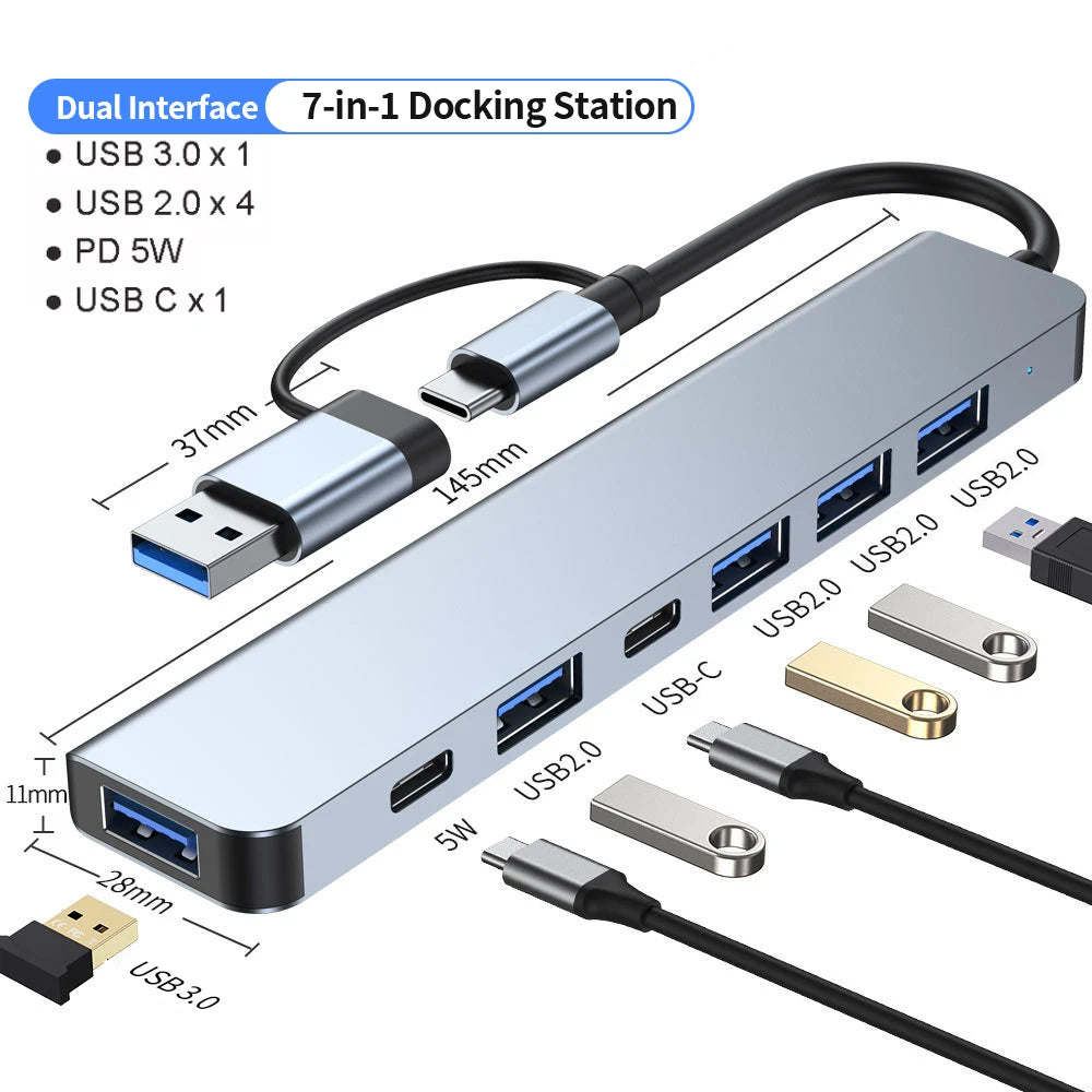Shopdroplo™ 7-in-1 USB-C Hub Extender – High-Speed USB Splitter for Laptops & PCs