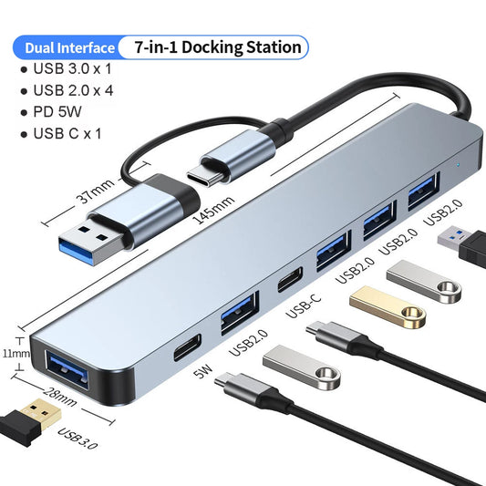 Shopdroplo™ 7-in-1 USB-C Hub Extender – High-Speed USB Splitter for Laptops & PCs