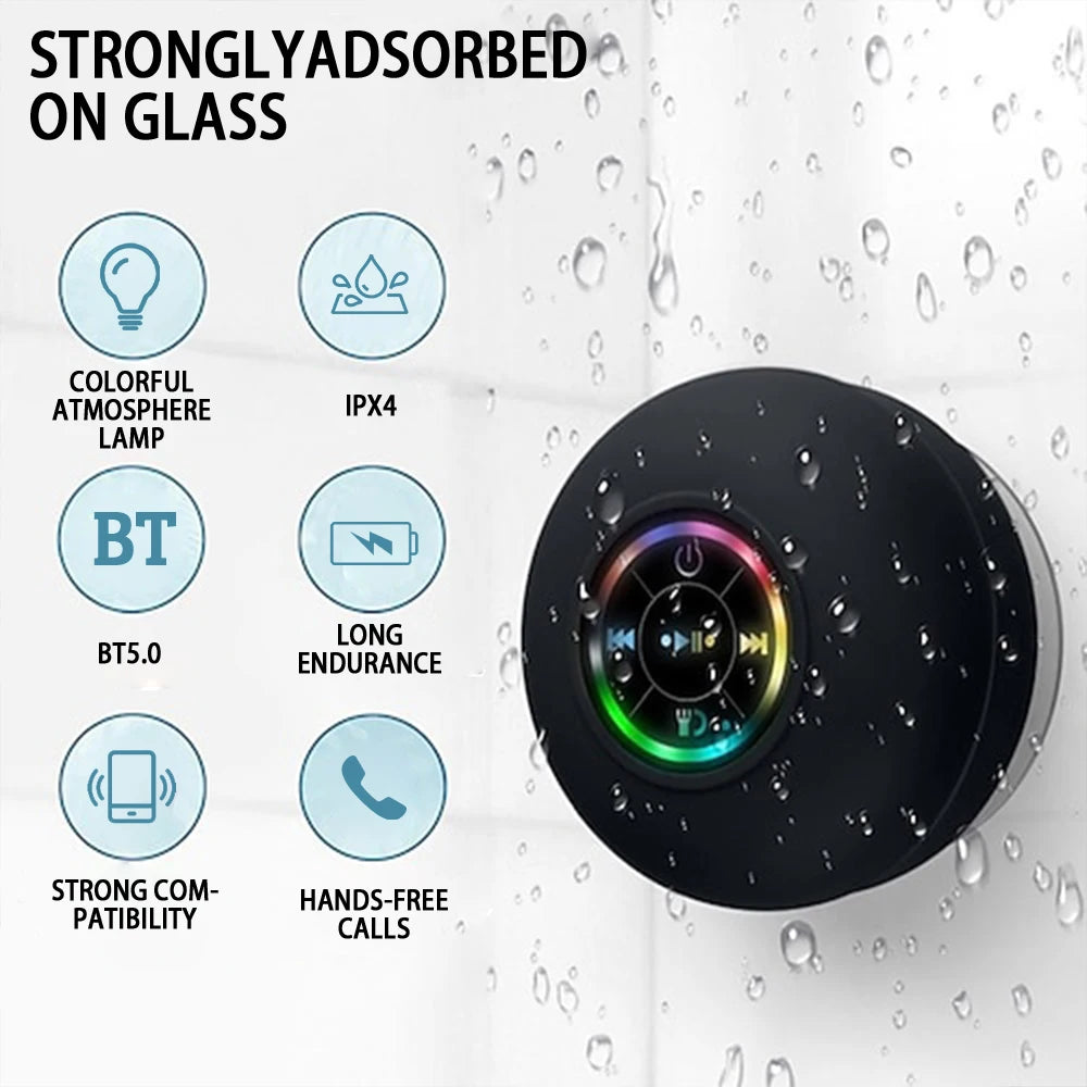 Shopdroplo™ Mini Waterproof Bluetooth Speaker with LED & Suction Cup – Portable Stereo for Bathroom, Shower & Outdoors
