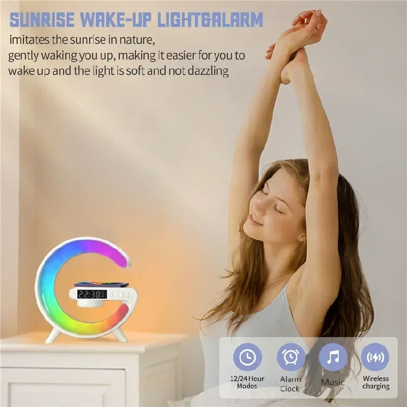 Shopdroplo Multifunction Wireless Charger Stand – RGB Light, Alarm Clock & Bluetooth Speaker for iPhone, Samsung, Xiaomi (Mini Fast Charging Dock)