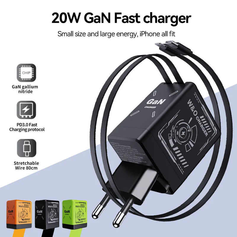 Shopdroplo™ W&O GaN 20W Fast Charger with Liquid Silicone Cable – Type C & Lightning for iPhone/Xiaomi