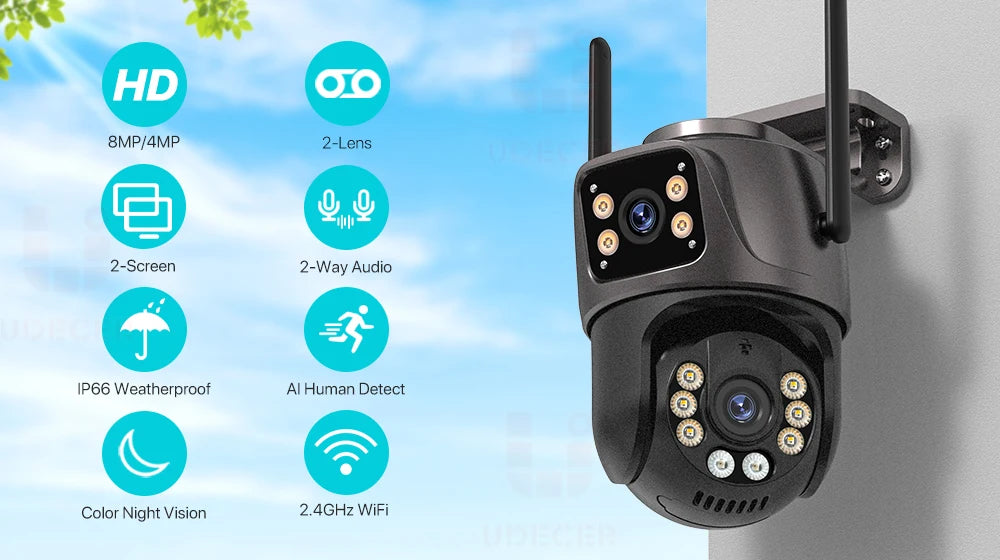 Shopdroplo™ 4K 8MP WiFi PTZ Outdoor Security Camera – Dual Lens, AI Auto Tracking, Night Vision, IP66 Waterproof