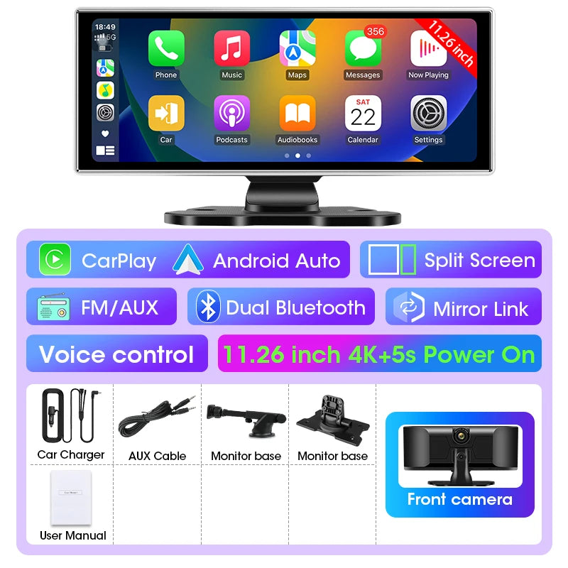 Shopdroplo™ 11.26" 4K Smart Dash Cam with CarPlay, Android Auto, Dual Lens, GPS & Touchscreen Mirror Display
