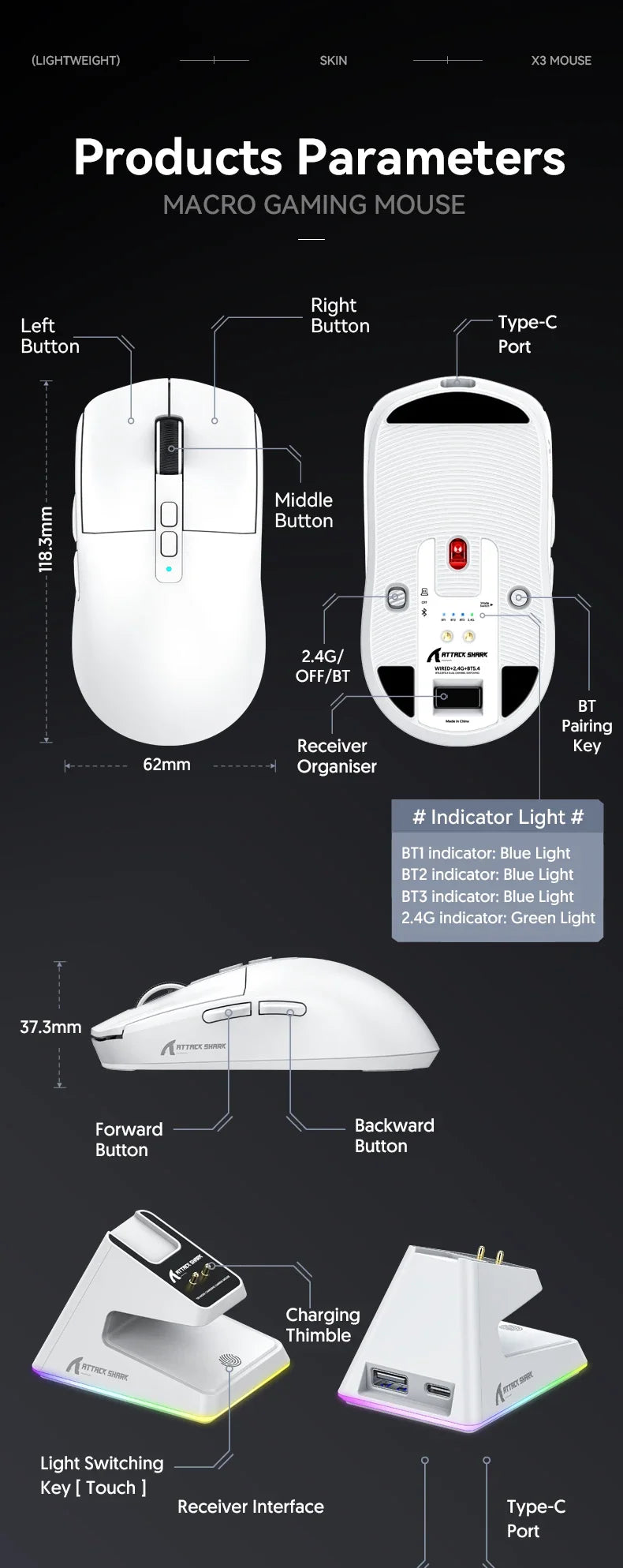 Shopdroplo X6 Wireless Bluetooth Gaming Mouse – PixArt PAW3395, RGB Touch Charging Base, 26K DPI, Tri-Mode Macro Mouse