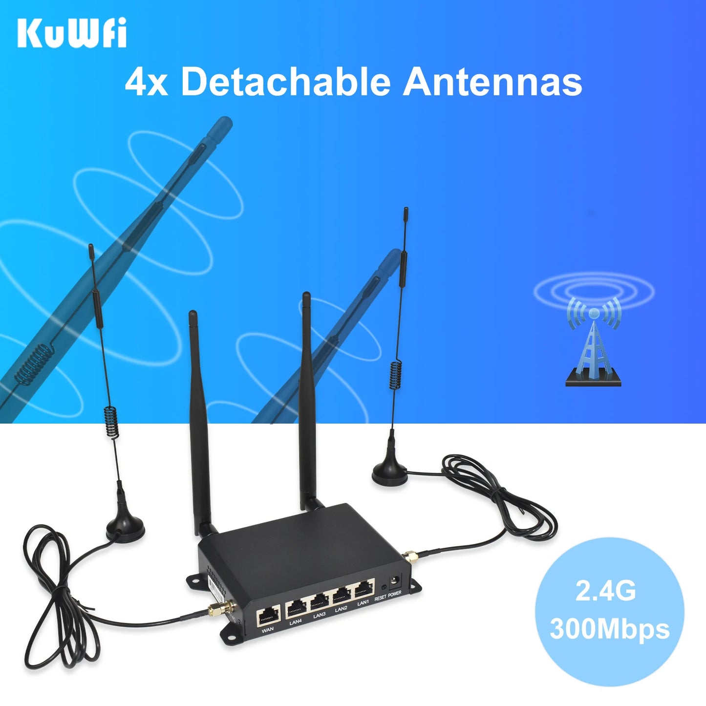 Shopdroplo KuWFi 4G LTE WiFi Router – 300Mbps CAT4 Wireless Router with SIM Slot, Detachable Antennas, LAN/WAN RJ45 Ports, AP/Repeater Mode
