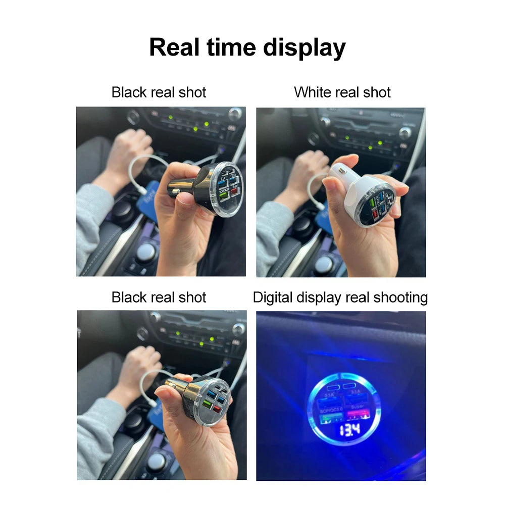 Shopdroplo 66W–250W Digital Display PD Car Charger – 6-in-1 Fast Charging Cigarette Lighter Adapter