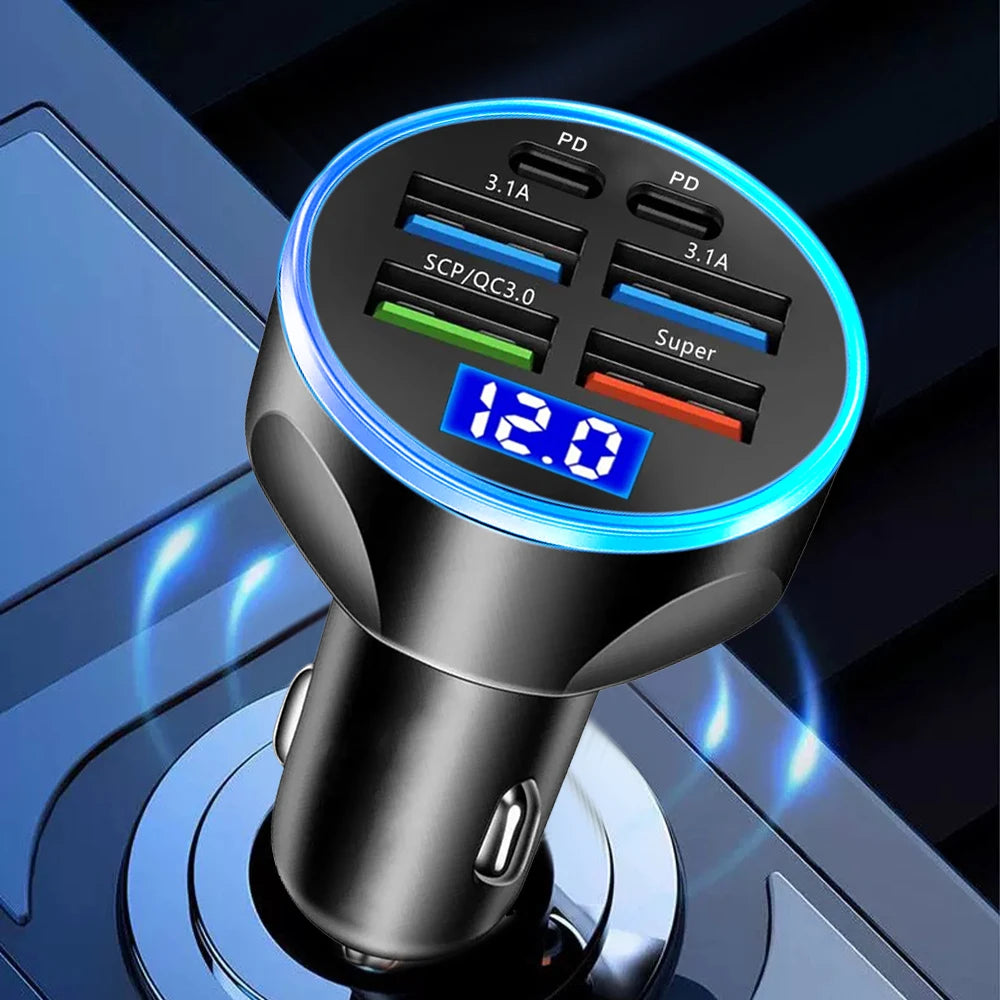 Shopdroplo 66W–250W Digital Display PD Car Charger – 6-in-1 Fast Charging Cigarette Lighter Adapter