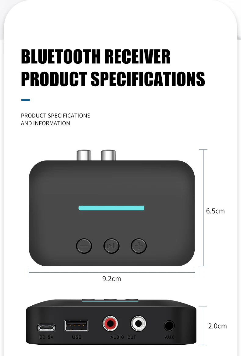 Shopdroplo Bluetooth 5.3 Audio Receiver – Wireless AUX/RCA Adapter with USB U-Disk Playback for Speakers, Stereos & Amps