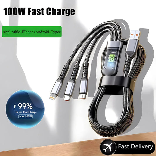 Shopdroplo 100W Fast Charging Multi USB Cable – Nylon Braided 3-in-1 Universal Adapter with Type-C & Micro Connectors