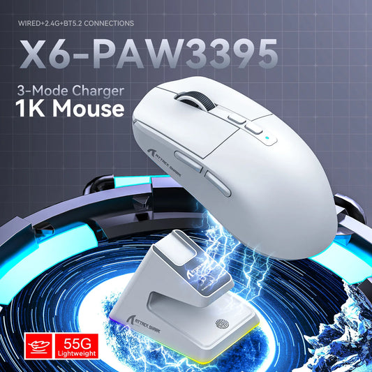 Shopdroplo X6 Wireless Bluetooth Gaming Mouse – PixArt PAW3395, RGB Touch Charging Base, 26K DPI, Tri-Mode Macro Mouse