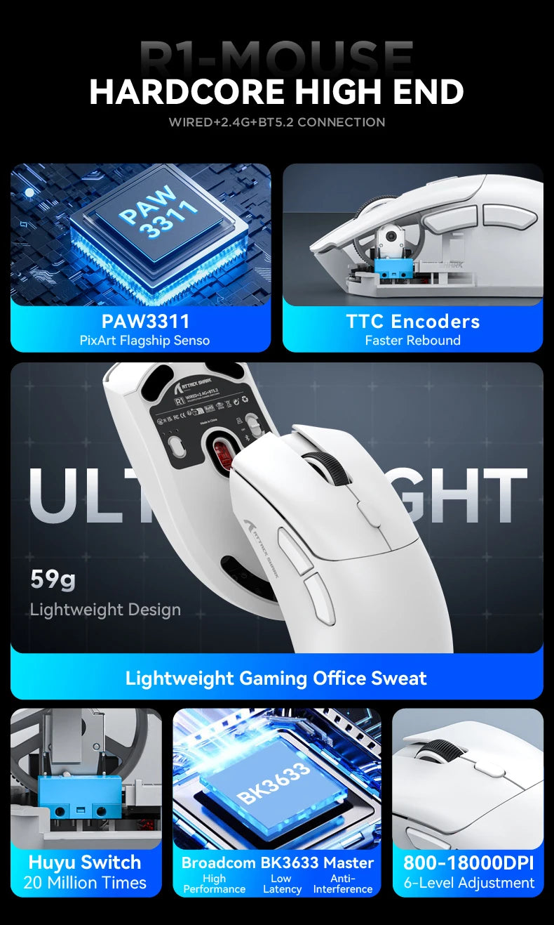 Shopdroplo Attack Shark R1 Bluetooth Gaming Mouse – 18000 DPI, Tri-Mode, Macro Support, 1000Hz Polling Rate