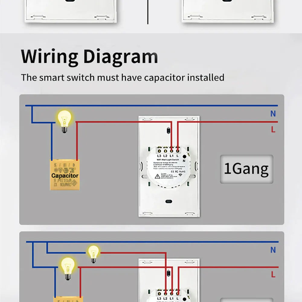 Shopdroplo™ Tuya Smart WiFi Wall Switch – No Neutral Wire, Voice-Controlled, RF433 Touch Sensor for Smart Homes