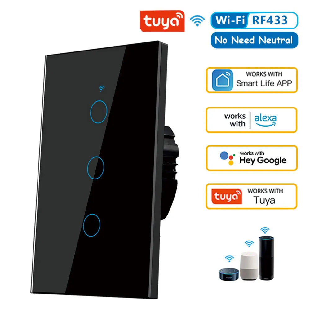 Shopdroplo™ Tuya Smart WiFi Wall Switch – No Neutral Wire, Voice-Controlled, RF433 Touch Sensor for Smart Homes