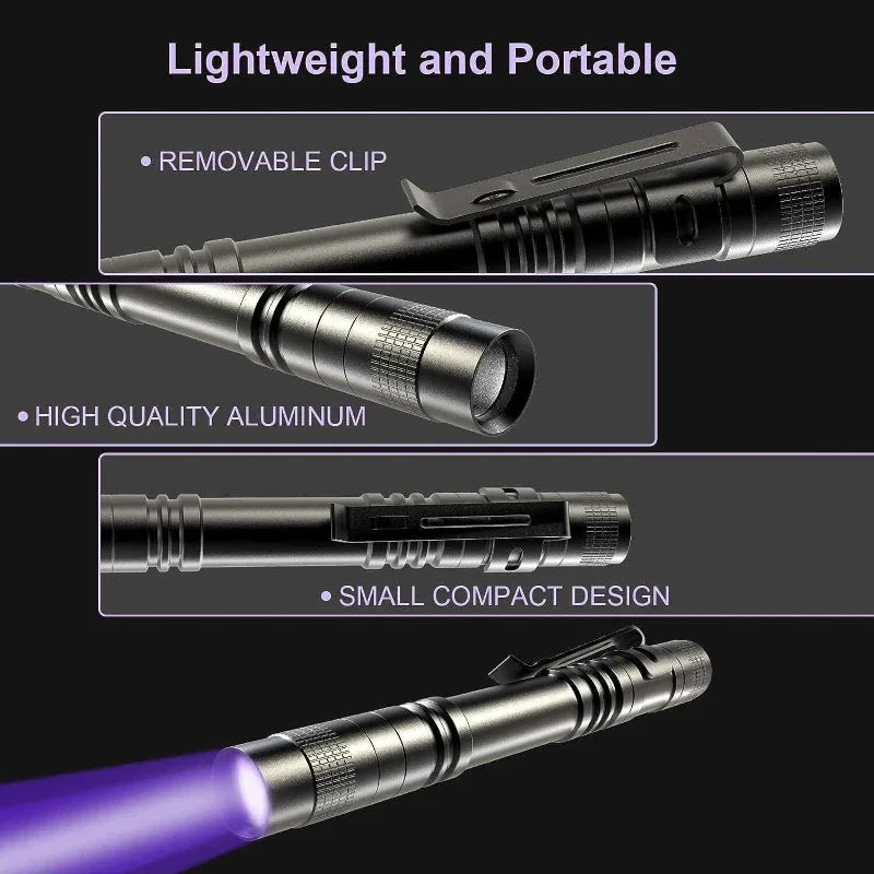 Shopdroplo™ UV Flashlight 395nm – Mini Ultraviolet Torch with Clip for Pet Urine, Scorpion, & Stain Detection