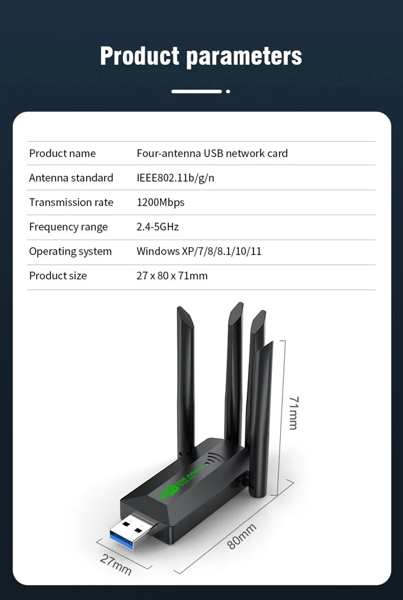 Shopdroplo VAORLO 1200Mbps USB WiFi Adapter – Dual Band 2.4G/5GHz Wireless Dongle with 4 Antennas & USB 3.0 for PC/Laptop