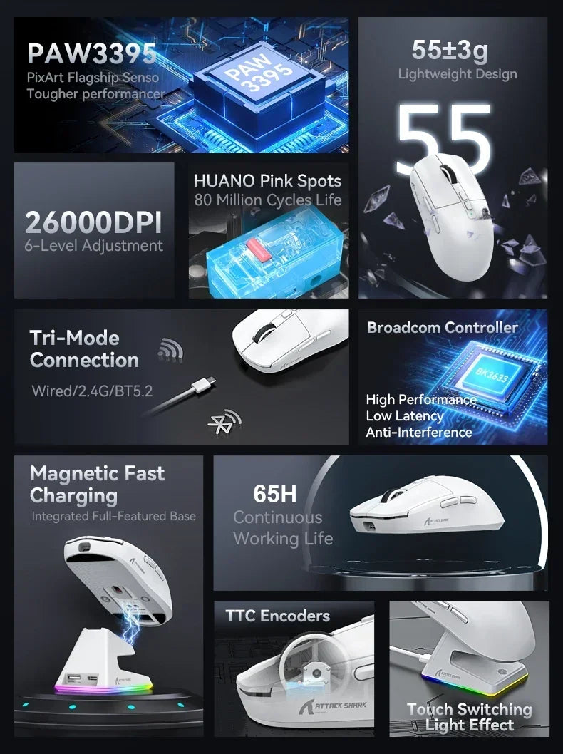 Shopdroplo X6 Wireless Bluetooth Gaming Mouse – PixArt PAW3395, RGB Touch Charging Base, 26K DPI, Tri-Mode Macro Mouse