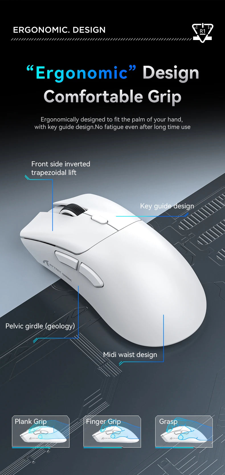 Shopdroplo Attack Shark R1 Bluetooth Gaming Mouse – 18000 DPI, Tri-Mode, Macro Support, 1000Hz Polling Rate