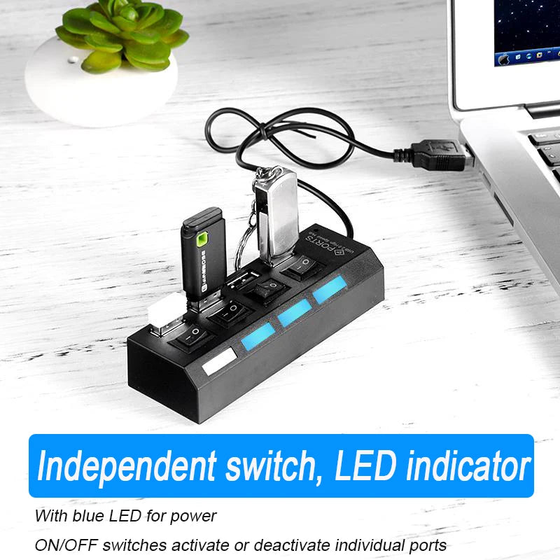 Shopdroplo™ High-Speed USB 2.0 Hub – 4/7 Port Splitter with LED Indicators & Power Switch for PC & Laptop