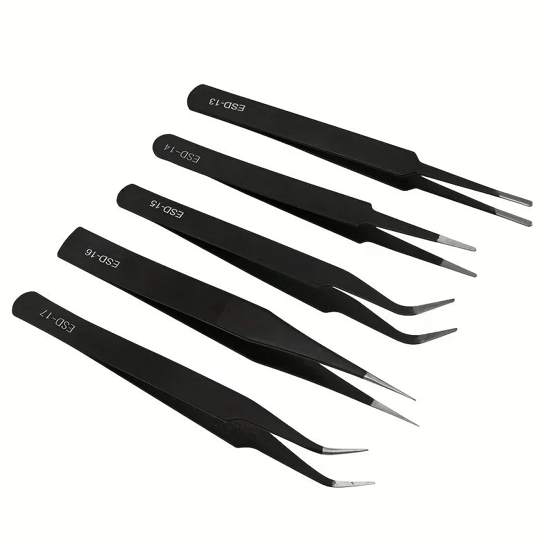 Shopdroplo 6-Piece ESD Anti-Static Tweezers Set – Precision Stainless Steel Tools for Electronics Repair & Crafting