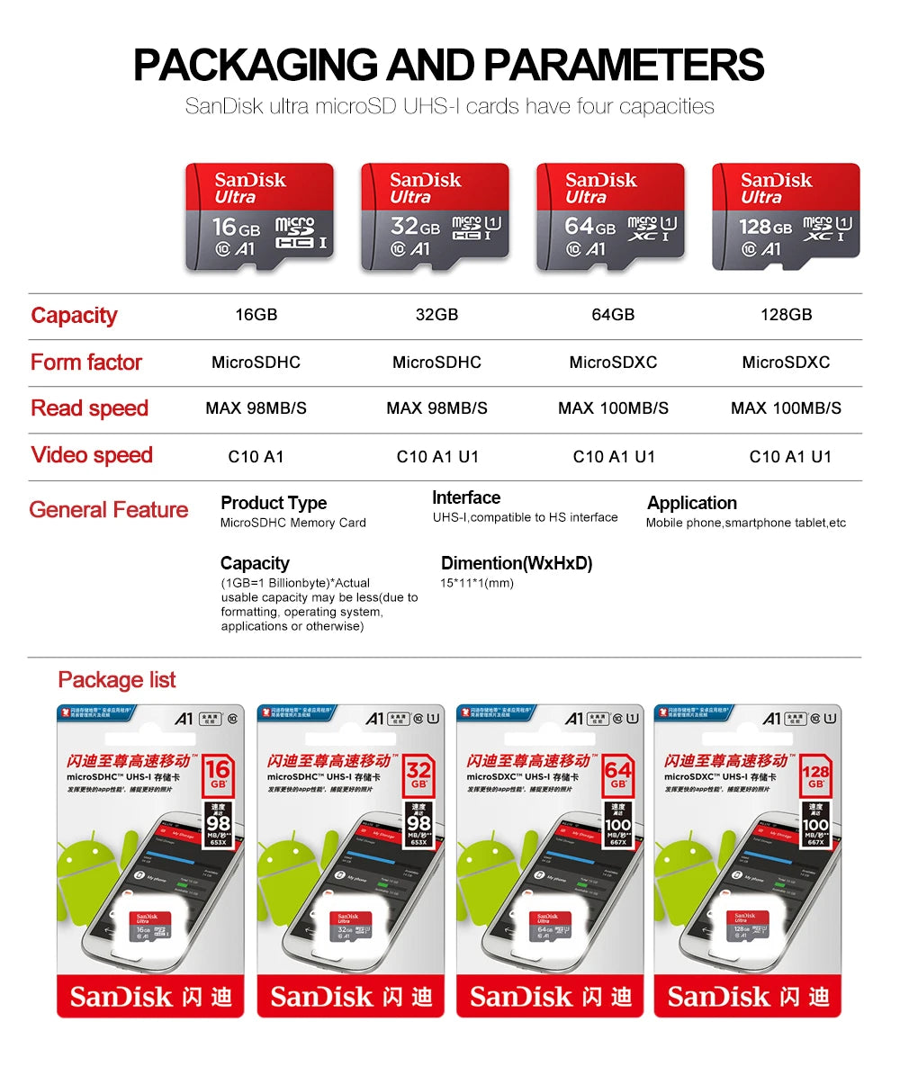 Shopdroplo Original SanDisk Micro SD Card – 32GB/64GB/128GB/256GB TF Memory Card UHS-1 Class 10 for Phone, Camera & PC