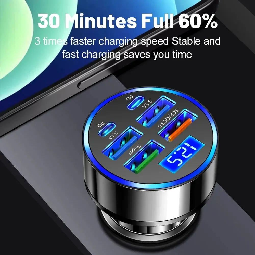 Shopdroplo 66W–250W Digital Display PD Car Charger – 6-in-1 Fast Charging Cigarette Lighter Adapter