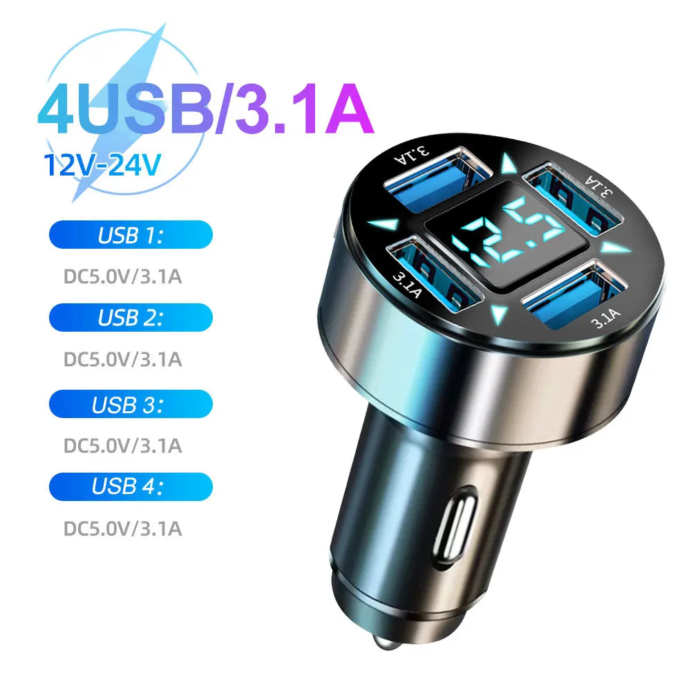 Shopdroplo 66W–250W Digital Display PD Car Charger – 6-in-1 Fast Charging Cigarette Lighter Adapter