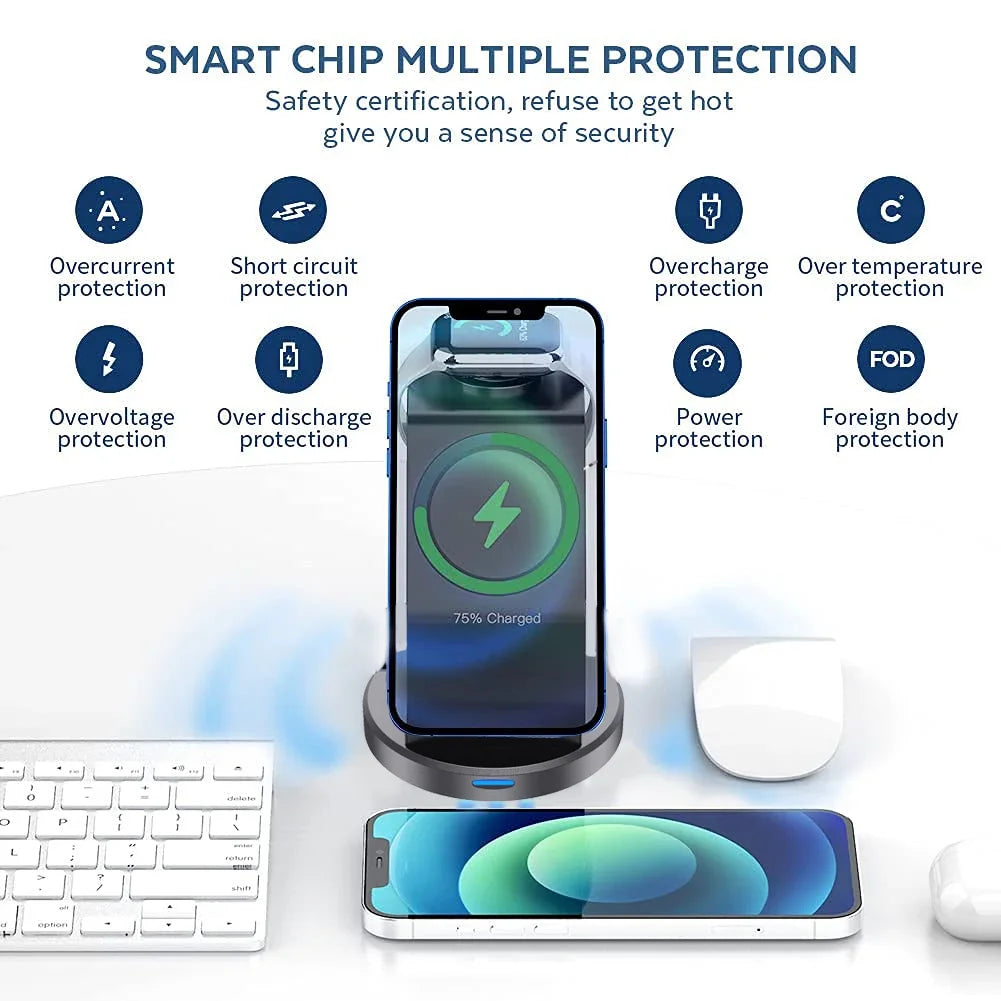 Shopdroplo 3 In 1 Magnetic Wireless Charger Stand For iPhone, iWatch & AirPods – MagSafe Fast Charging Station