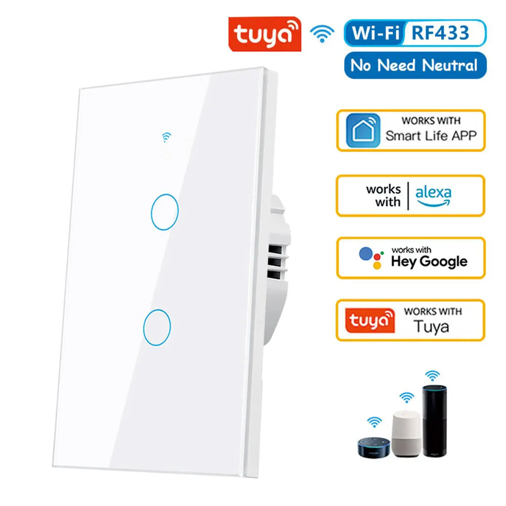 Shopdroplo™ Tuya Smart WiFi Wall Switch – No Neutral Wire, Voice-Controlled, RF433 Touch Sensor for Smart Homes