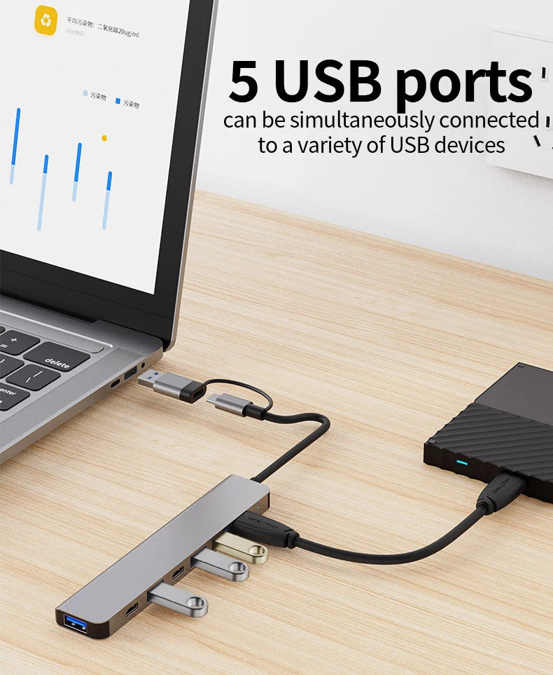 Shopdroplo™ 7-in-1 USB-C Hub Extender – High-Speed USB Splitter for Laptops & PCs