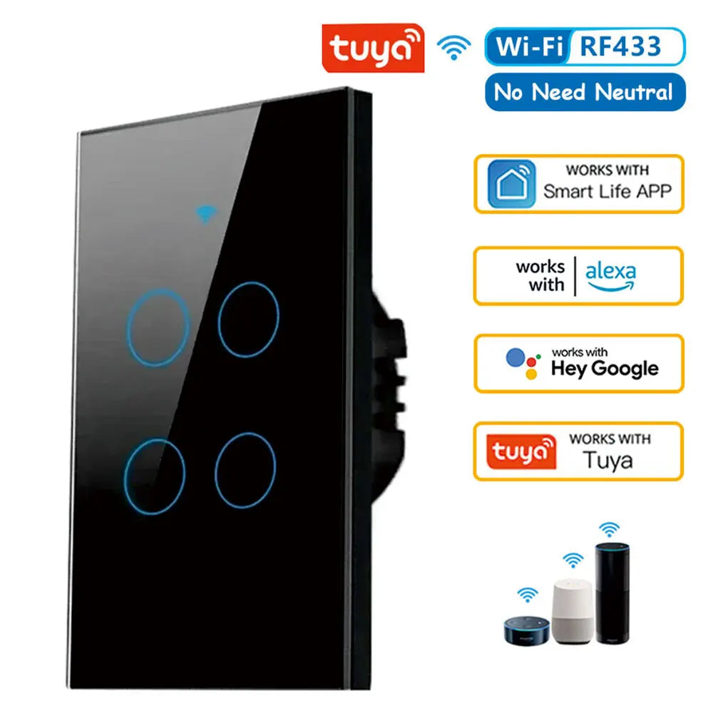 Shopdroplo™ Tuya Smart WiFi Wall Switch – No Neutral Wire, Voice-Controlled, RF433 Touch Sensor for Smart Homes