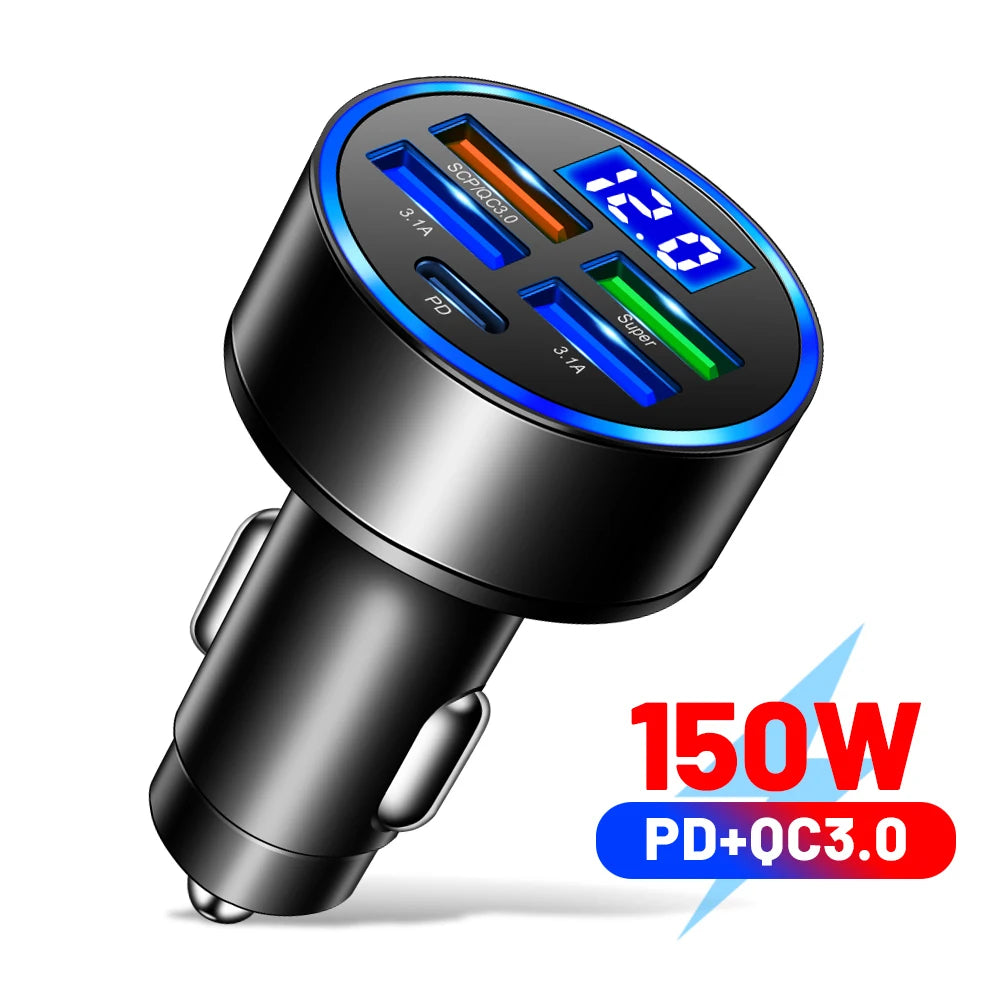 Shopdroplo 66W–250W Digital Display PD Car Charger – 6-in-1 Fast Charging Cigarette Lighter Adapter