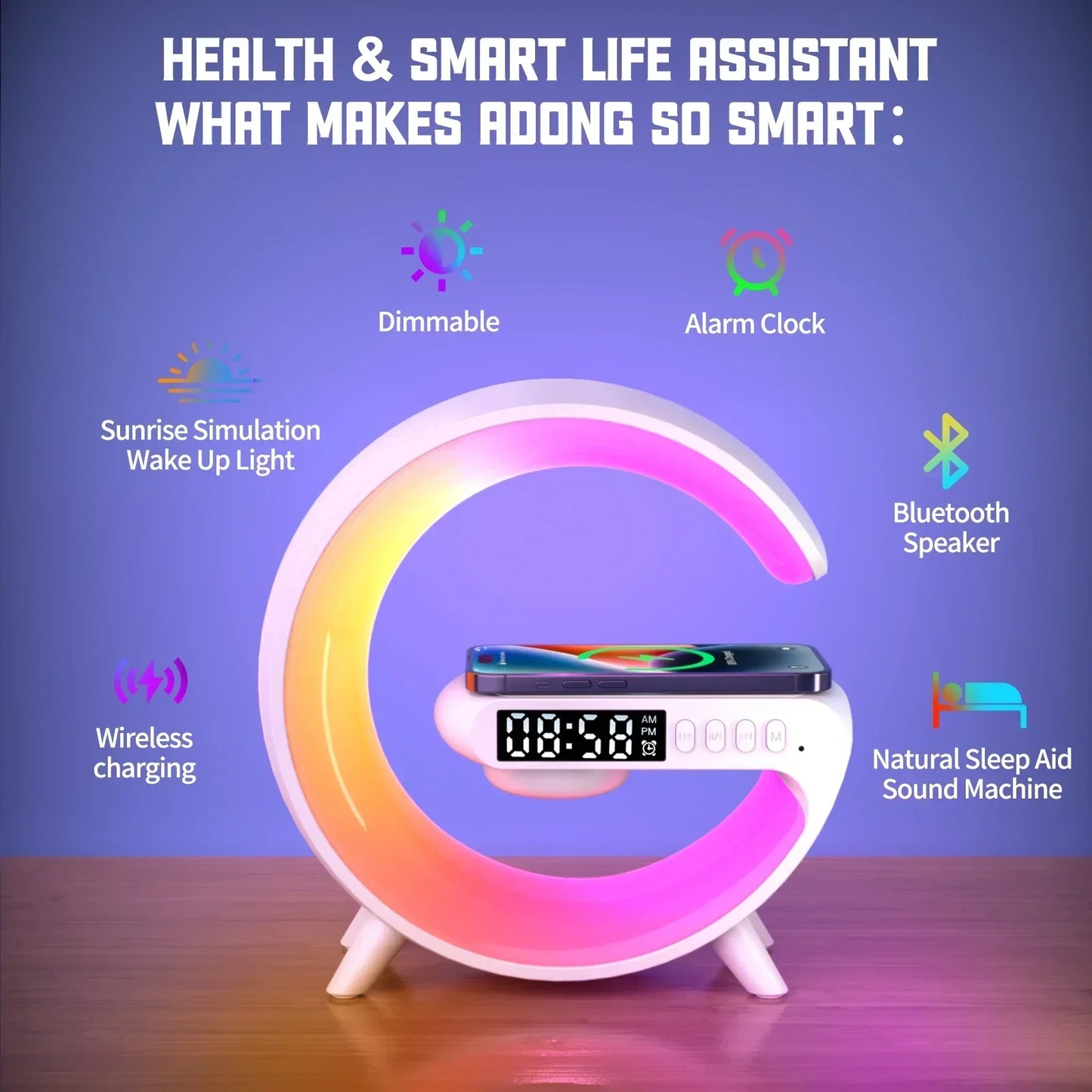 Shopdroplo Multifunction Wireless Charger Stand – RGB Light, Alarm Clock & Bluetooth Speaker for iPhone, Samsung, Xiaomi (Mini Fast Charging Dock)