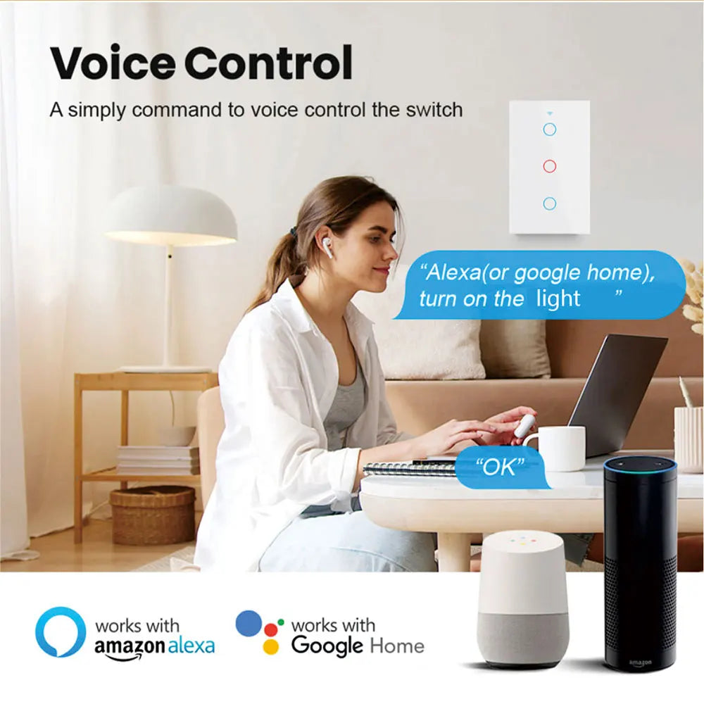 Shopdroplo™ Tuya Smart WiFi Wall Switch – No Neutral Wire, Voice-Controlled, RF433 Touch Sensor for Smart Homes